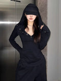 Vevesc Solid See Through Sexy Hooded Tops Vintage Bottoming Harajuku T-shirt Women Y2k Aesthetic Single Breasted Grunge Tees Streetwear