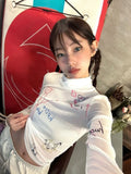 Vevesc Turtleneck Long Sleeve Cartoon Letter Print Tees Korean Ins Vintage All Match Women T-Shirt Harajuku Casual Fashion Crop Top Y2k