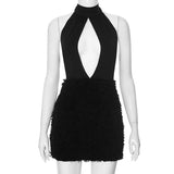 Vevesc Women Black Chic Sexy Halterneck Cut Out Bustier Sleeveless Tank Furry Patchwork Dress Y2K  Skinny Spaghetti Dress