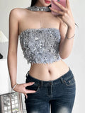 Vevesc Solid Color Woolen Grass Sequins Fashionable Avant-garde All-match Sexy Cool High Street Women's Autumn Halter Vest Crop Top