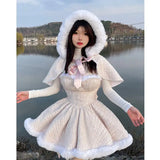 Vevesc Korean Style Kawaii New 3 Piece Set Women Retro Patchwork Vintage Dress Suit Female Short Coat + Off Shoulder Dress + Solid Tops