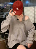 Vevesc Korean Style Solid Hoodies Women Harajuku Sexy Off Shoulder Sweatshirts V-neck All-match Long Sleeve Tops Gothic Grunge