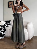 Vevesc Women Denim Skirt Y2k Emo 2000s Clothes Long Skirt Harajuku Korean 90s Fashion Vintage Gradient A-line Jean Skirt Grunge Clothes