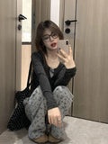 Vevesc Autumn Korean Commuter Slim Fake Two Piece Exquisite Embroidery Constrast Color Punk Vintage Girl Tops Y2k Aesthetic Clothes