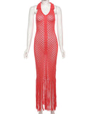 Vevesc  See Through Mesh Patchwork Dress Women Tassel Solid Sheath Y2K Casual Summer Trend Midnight Sexy Clubwear Party Vestidos