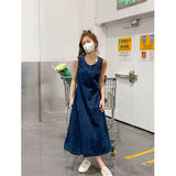 Vevesc Denim Midi Dress Women Hollow Out A Line Dresses Streetwear Sleeveless Backless Sundress Korean Lace Up Casual Vestidos