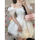 Vevesc Ruffle Soft Girl White Lolita DressChiffon Fairy Dress Kawaii Woman Square Neck Retro Bow Puff Sleeve Mini Dress Lace Patchwork