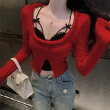 Vevesc Sexy Patchwork Lace Halter Fake Two Piece Korean Moda Popular Spliced Warm O Neck Long Streetwear Tops Punk Korean Girl Clothes