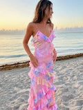 Vevesc Tierred Ruffles Flower Print Sling Maxi Dress Fashion Bohe Sleeveless Bodycon Vestidos Female New Beach Holiday Long Robe