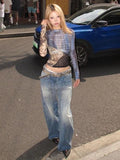 Vevesc Y2k Aesthetic Gauze Patchwork Vitage Plaid T-shirts Grunge Fairy See Through Crop Tops Women Harajuku Slim Fit Streetwear Tees