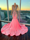 Vevesc Pink Luxury Women Long Black Girls Prom Dresses Sparkly Mermaid Style Beaded Crystals Prom Party Gowns