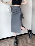 Vevesc Women Grey A-Line Long Skirts Y2k Harajuku Korean Vintage 90s Aesthetic High Waist Skirt 2000s Trashy Clothes Summer