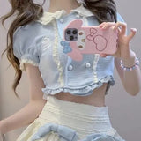 Vevesc Sexy Sweet Cool Moda Fashion Popular Two Piece Sets High Waist Spliced Lace Constrast Color Tops Y2k Bow Design Tiered Skirts