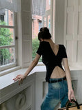 Vevesc Y2k Aesthetic Solid Backless Short Sleeve Tshirts 2024 Summer Slim All Match Crop Top Ins Sexy Streetwear Fashion Women T-shirt