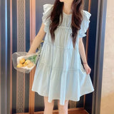 Vevesc Sweet Gentle Flying Sleeve Lace White Dresses Summer Fungus A-line Dress For Women 2024 New Straight Loose Vestidos Mujer