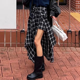 Vevesc Fashion Vinage Black Plaid Skirts Y2k E-Girl High Waist Lace Uo Skirt for Women New Irregular All-match Faldas Mujer