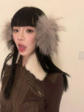 Vevesc Japanese Y2k Fur Coat Women American Retro Brown Knitted Jacket Vintage Korean Style Zipper  Winter 2000s Aesthetics