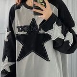 Vevesc Kpop Harajuku Star Grey Sweatshirt Women Y2K Hippie Grunge Patchwork Letter Hoodie Korean Oversize Long Sleeve Tshirts