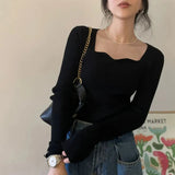 Vevesc Knitted Pullovers Women Vintage Solid Sweaters Korean Elegant Slim Knitwear Autumn Winter Square Collar All Match Jumpers