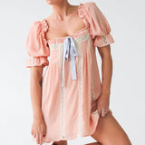 Vevesc Y2K Cottage Kawaii Puff Sleeve Mini Dress Lace Trim Square Collar Backless A-line Dress Aesthetic Fairycore Vintage Short Dress