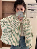 Vevesc Two Wear Design Sense Off-shoulder Thickened Cotton-padded Clothes Winter New Korean Version Wide Stripe Bread Clothes