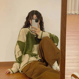 Vevesc Women's Green Gothic Y2k Two-tone Knitted Sweater Harajuku Korean Y2k Long Sleeves Jumper Sweaters Vintage 2000s Clothes Autumn