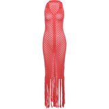 Vevesc  See Through Mesh Patchwork Dress Women Tassel Solid Sheath Y2K Casual Summer Trend Midnight Sexy Clubwear Party Vestidos