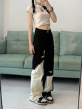 Vevesc Trend Street Black White Denim Pants Women Y2k E-Girl High Waist Irregular Trousers Summer Loose Straight Wide Leg  Jeans