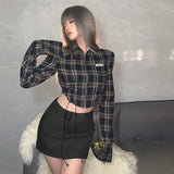 Vevesc Y2k Harajuku American High Street Turn Down Collar Long Sleeve Blouse High Waist Plaid Sid Drawstring Shirts Punk Girl Clothes