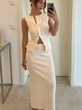 Vevesc  Knitted Solid Women Vest Sets O Neck Sleeveless Lady Tank Outfits 2025 Spring Summer Elegant High Waist V Neck Female Skirt Suit