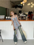 Vevesc Y2k Tie-dye Asymmetrical Tank Tops Women Harajuku Gyaru Streetwear Vintage Aesthetic Japanese Style 2000s Ruffle Tops