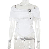 Vevesc Goth Dark Elegant Fashion Tassels Off Shoulder Crop Tops 90s Grunge Bow  White T-shirts Gothic Techwear Cyber Y2K Outfits