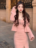 Vevesc Pink Sweet Knitted Two Piece Set Women Split Sexy Elegant Sweater Dress Set Female Button Designer Casual Dress Suit Autumn