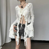 Vevesc Gothic Vintage Y2k Lace Up Shirt Women Aesthetic Crop Irregular Blouses Coquette V Neck Grunge Harajuku Korean Fashion