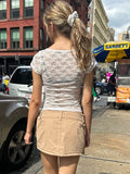Vevesc  White Lace Sexy Transparent Crop Top Summer Short Sleeve Crew Neck Thin Streetwear T-shirt Women Casual Chic Cute Tees Tops