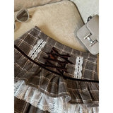 Vevesc Kawaii Ruffle Lace Plaid Skirts Women Sweet Elegant Mini Skirt Cutecore Autumn Winter Patchwork A-line Short Skirts