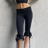 Vevesc  Women Capri Pants Solid Color Elastic Waist Tie-Up Summer Casual Cropped Pants Stretch Crop Leggings Y2K Vintage Streetwear
