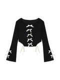 Vevesc American Vintage Black O Nekc Long Flare Sleeve Shirts Side Split Lace Up Design Streetwear Clothing Y2k Aesthetic Punk Tops