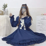 Vevesc Harajuku Lolita OP Long Sleeve Dresses Sweet Lace Slash Neck Bow A-line Dress For Women Y2k Grunge Slim Waist Vestidos Mujer