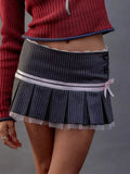 Vevesc Y2k Pleated Skirt Women Sexy High Waist Grey Stripe Bandage Mini Skirts Summer New A Line Skirt Vintage Harajuku Streetwar