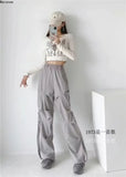 Vevesc Y2K Casual Women Wide Leg Elastic Waist Pants Autumn  Korean Streetwear Oversized High Waist Joggers Grey Pleated Trousers