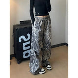 Vevesc  American Retro Distressed Gray Leaf Camouflage Pants Fashion High Street Straight Wide Leg Pants Harajuku Hip Hop Y2k Trousers