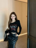 Vevesc American High Streer Lrregular Design Neck Y2k Aesthetic Clothes All Match Leeter Print Slim Fit Shirts Harajuku Base Girl Top