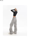 Vevesc Y2K Casual Women Wide Leg Elastic Waist Pants Autumn  Korean Streetwear Oversized High Waist Joggers Grey Pleated Trousers