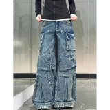 Vevesc American Vintage Multi-Pocket Wide Leg Jeans Women Stylish High Street Straight Leg Loose Jeans Harajuku Style Hip Hop Y2k Pants