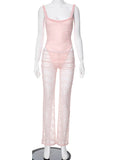 Vevesc Lace Two Piece Sets Women Pant Suit Spaghetti Strap Bodysuit See Through Long Pant Female Spring Elegant Party Clubwear