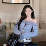 Vevesc Korean Fashion Spicy Girls Long Sleeve Off Shoulder Striped Shirt Women Tops Autumn Unique Versatile One Shoulder Slim Short Top