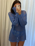 Vevesc Sexy Hollow Out Knit Cover Up Dress For Women See-Through Loose Beach Holiday Mini Dress Summer Splice Knitwear Cover up