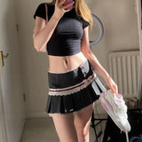 Vevesc American Sweet Constrast Color Pleated Skirts Y2k Aesthetic Harajuku Punk Side Buttons Short Skirt Vintage Striped Girl Bottom