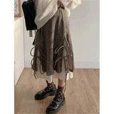 Vevesc Harajuku Vintage Irregular Skirt Women Y2k Ruffle Patchwork Pleated Skirt Fashion Bow Kawaii Holiday Lazy Wind Midi Skirt